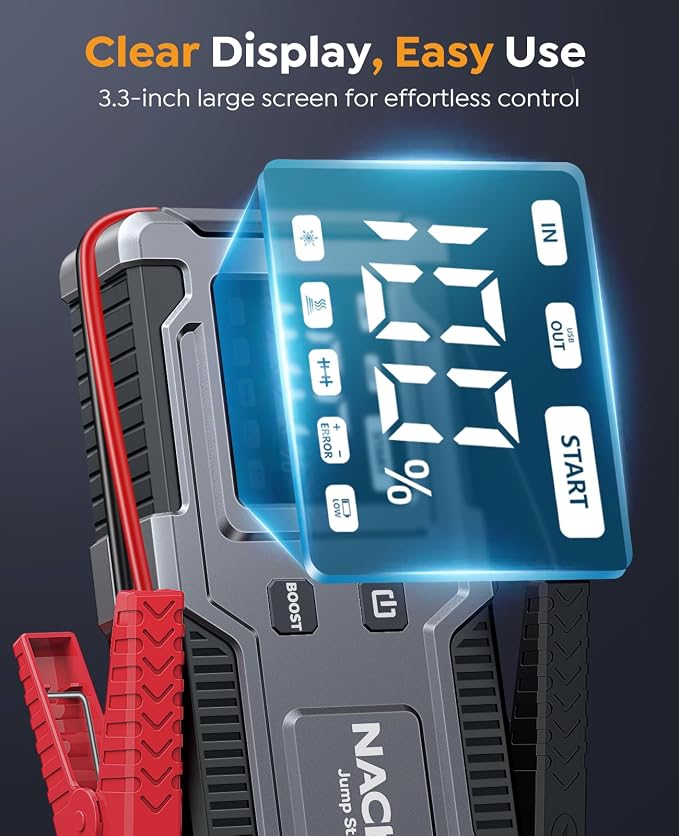 Jump Starter 6000A, 12V Car Battery Jump Starter with Built-in Smart Jumper Cables, Car Jump Starter Jump Box Portable Jumper Cables for car (9.0L Gas/7.0L Diesel), LCD Display, LED Light