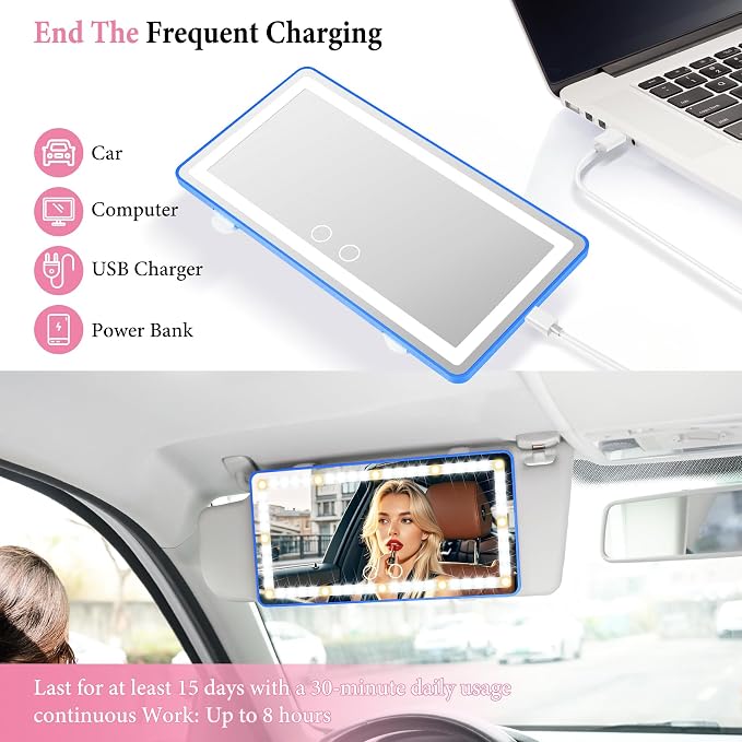 SINGARO Car Sun Visor Vanity Mirror - Rechargeable Makeup Mirror with 60 LEDs, 3 Light Modes & Dimmable Touch Control for Cars, Trucks, SUVs, Car Interior Accessories for Women (Blue)