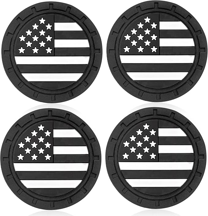 Automotive Universal Car Cup Holder Coasters 4 Pack, Non-Slip Silicone Cup Holder Insert 2.72~2.75 Inch, Anti-Skid Shockproof Drink Mat with Flag Design, Vehicle Interior Accessories Black