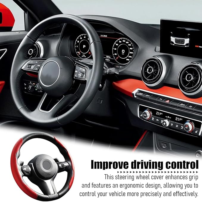 2PCS Car Steering Wheel Cover, 14.5-15" Breathable Nappa Leather Segmented Steering Wheel Protector with Non-Slip Grip, Stylish Auto Interior Decor Accessories, Universal for Vehicles (Red)