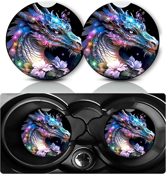 2 Pack Glowing Dragon Car Cup Holder Coasters Neoprene Anti Slip Rubber Mat | Glowing Dragon Car Accessories Interior Decor 2.75" Universal Size Insert Auto Coasters Dragons Gifts for Women Men