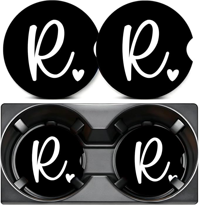 2PCS Letter R Car Cup Holder Coasters,Simple Initial Car Coasters Cars Accessories Interior Decor Universal Neoprene 2.75" Anti-Slip Rubber Mat with Finger Slot,Monogram Gifts for Women, Men, Driver