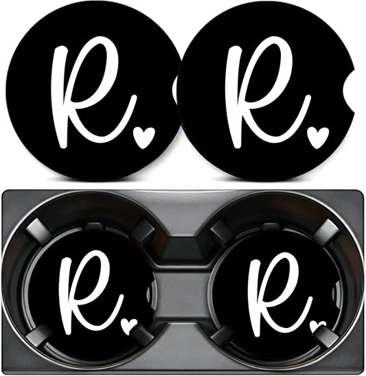 2PCS Letter R Car Cup Holder Coasters,Simple Initial Car Coasters Cars Accessories Interior Decor Universal Neoprene 2.75" Anti-Slip Rubber Mat with Finger Slot,Monogram Gifts for Women, Men, Driver