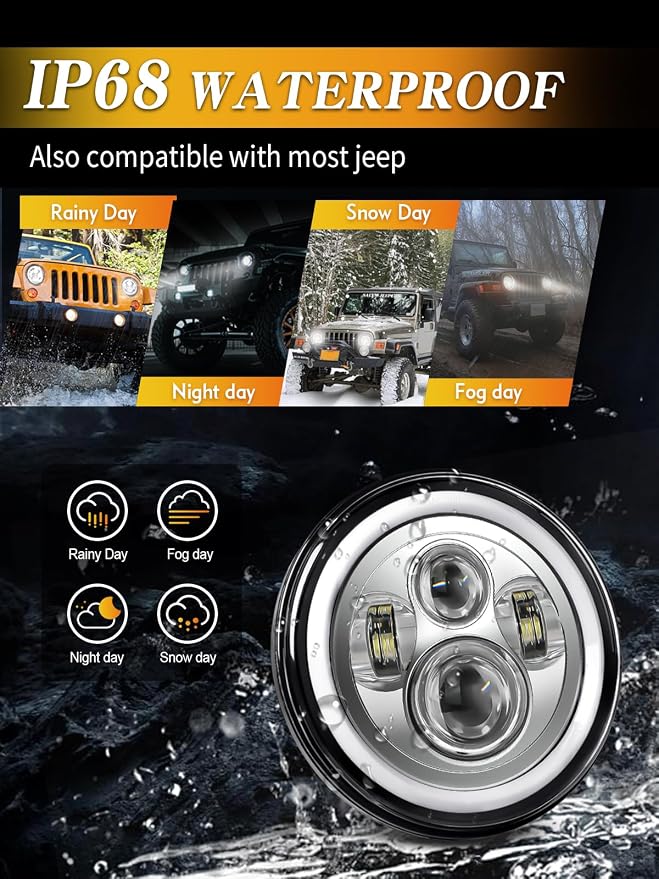 ZIMABLUE 7 inch led Headlight Chrome Round Projector 7 inch Halo led Headlight H6024 DOT Approved Hi/Lo Beam DRL Amber Turn Signal Compatible with Jeep Wrangler JK TJ CJ Compatible with Chevy miata