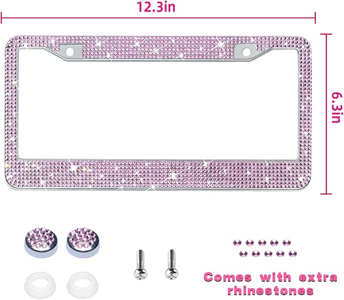 Bling License Plate Frame for Women, Sparkly Stainless Steel License Plate Frames| Over 1200 pcs 14 Facets Bedazzled Clear Glass Diamond Rhinestone Crystals w/Free Glitter Diamond 1PCS Box (Pink)
