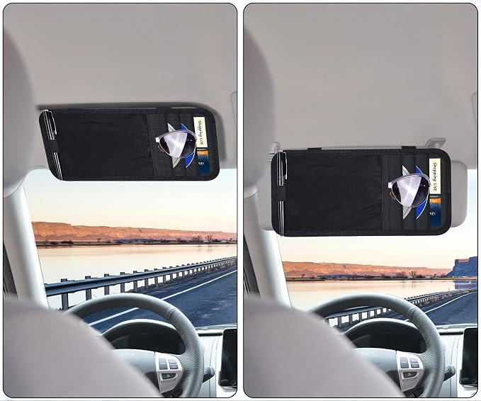 Wisdompro Car Sun Visor Storage Pouch, Sunglasses Bag & 3 CD Sleeves, Black | with Pen Holder and Elastic Strap, Auto Sunvisor Organizer Pocket for Glasses, Document, Card, DVD, Papers, Receipts