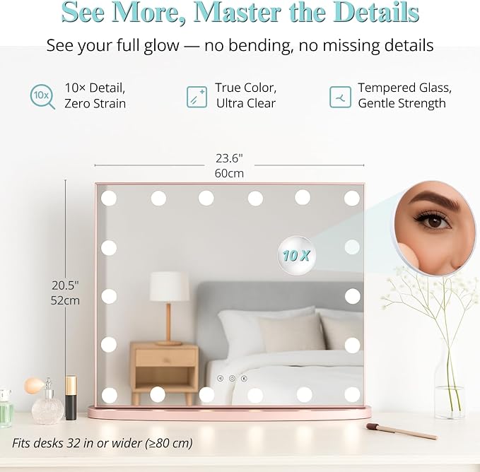 LUXFURNI Vanity Mirror with Lights, 23.6" Hollywood Makeup Mirror Rose Gold | 18 Surround LED Bulbs, 360° Shadow-Free Lighting, 3 Color Modes, USB Charging, Tabletop & Wall Mount for Bedroom Dorm Desk