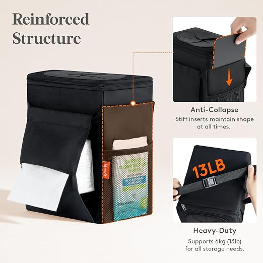 Lifewit Car Trash Bin, 2 Gallon Leakproof Waterproof Vehicle Garbage Can with Lid & Tissue Holder, Car Interior Organizer for Front/Back/Console, Automotive Accessory, Black