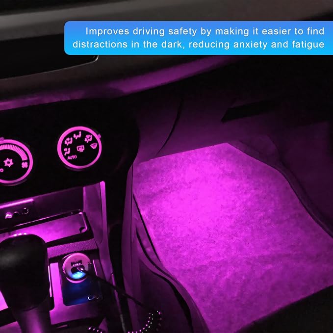 Car LED Strip Light, 12V 24 LEDs RGB Car Interior Atmosphere Lamp with USB Port, Vehicle Under Dash Floor Ambient Night Decorative Lighting Kit (Pink Purple)