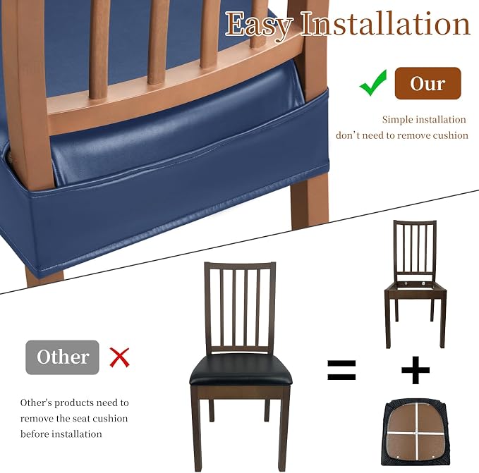 Waterproof Dining Chair Seat Covers Leather Kitchen Seat Covers, Stain Resistant Stretch Chair Seat Covers for Dining Room Chairs Set of 4, Rear Covered Washable Dining Chair Covers Navy