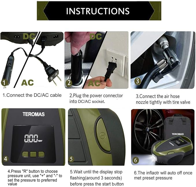 Tire Inflator Portable Air Compressor, Air Pump DC/AC for Car Tires 12V DC and Other Inflatables at Home 110V AC, Digital Electric Tire Pump with Pressure Gauge(Green)