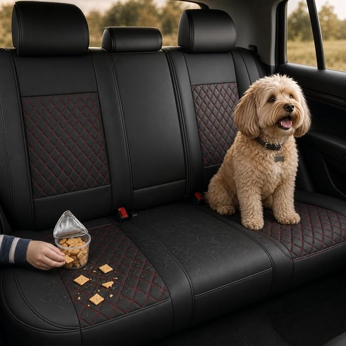 Black and Red Nappa Leather Contoured Automotive Car Seat Covers Full Set | Univerasal Precision Fit,Lumbar Support,3D Contoured,Semi Coverage,Waterproof,ThickTexture,for most Suvs Trucks Sedans