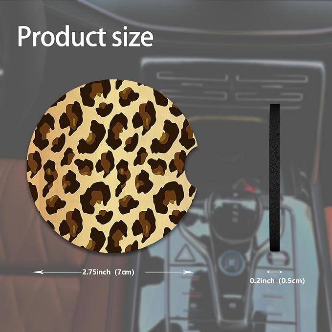 2pcs Cute Leopard Print Car Coasters,Absorbent Universal neoprener Cup Holder Coasters with a Finger Notch,Car Accessories for Women&Man Interior，2.75" 2