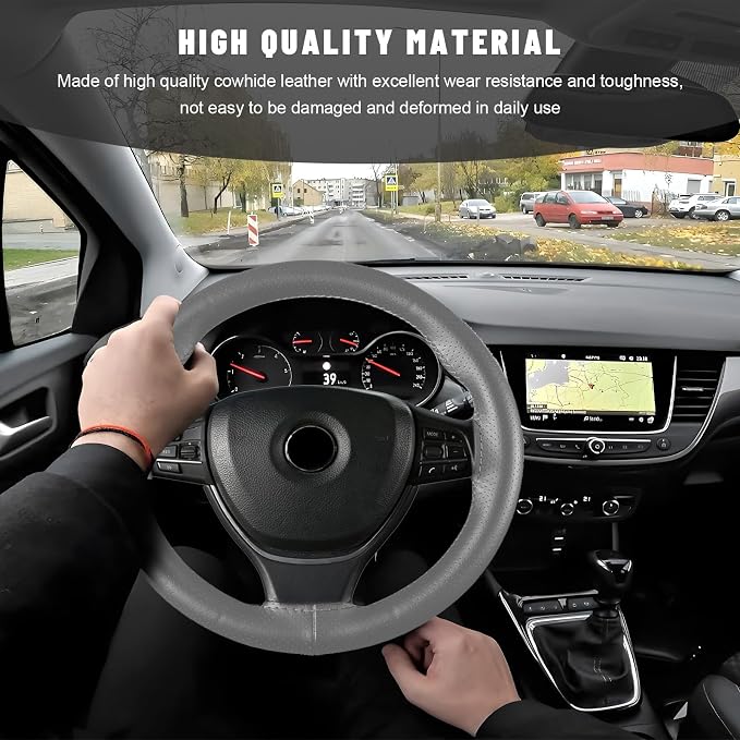 Genuine Leather Steering Wheel Cover, 15 Inch Stitch on Steering Wheel Protector with Needle & Thread, Anti-Slip DIY Sewing Wheels Wrap for Most Vehicles (Gray, Full Hole)
