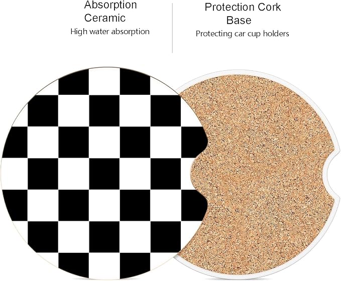 Ceramic Car Coasters – Absorbent Car Cup Holder Coaster Set for Women, Cute Aesthetic Car Accessories for Girls, 2 Pack (Black)