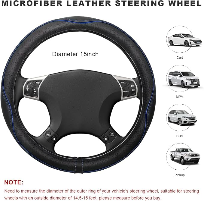 Car Steering Wheel Cover, 15 Inch Anti-Slip Breathable Leather Auto Steering Wheel Protector, Full Surround Soft Steering Wheel Cover for Men Women, Car Interior Accessories (Black & Blue)