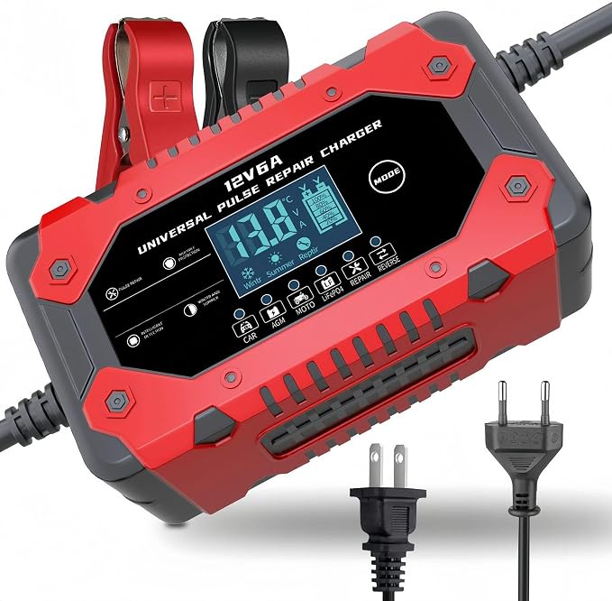 Battery Charger 6-Amp 12V Automatic Smart Battery Trickle Charger, Battery Maintainer Desulfator with Temperature Compensation for Car Truck Motorcycle Lawn Mower Marine