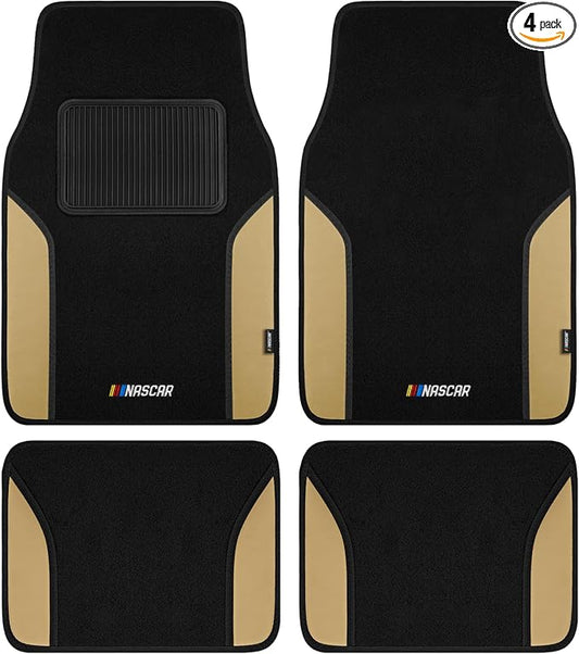 NASCAR Car Floor Mats, Carpet & Beige Leather Design Car Mats, Universal-Fit All-Weather Car Floor Mats with Built-in Heel Pad & Anti-Slip Backing, Durable Odorless Automotive Interior Accessories