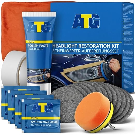 ATG Headlight Restoration Kit – Car Headlight Cleaner and Restorer for Plastic Lenses – Removes Haze and Yellowing – UV Protection – Easy to Use