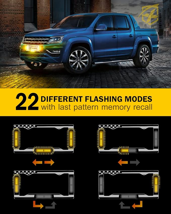 Xprite 36 LED License Plate Strobe Light, US Flag Front/Rear Utility Lights, 22 Modes Caution Frame for Construction Towing Snow Plow Pickup Work Trucks Cars - Amber (w/Pre-Installed 9FT Cable)