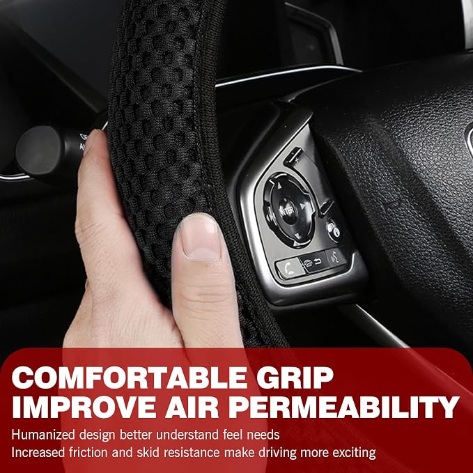 Car Steering Wheel Cover, Ice Silk 3D Massage Mesh Breathable without Inner Ring Steering Wheel Cover, Elastic Easy Grip Anti-Slip Protector for 14.5"-15", Universal for Cars (Black)