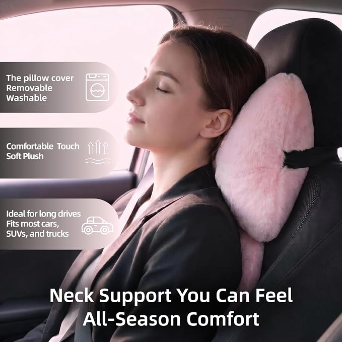 Car Neck Pillow 2PCS Plush Bowknot Car Headrest Pillow – Comfortable Neck Support for Driving Soft Touch Fabric Car Pillow Cute Interior Decor (Pink)