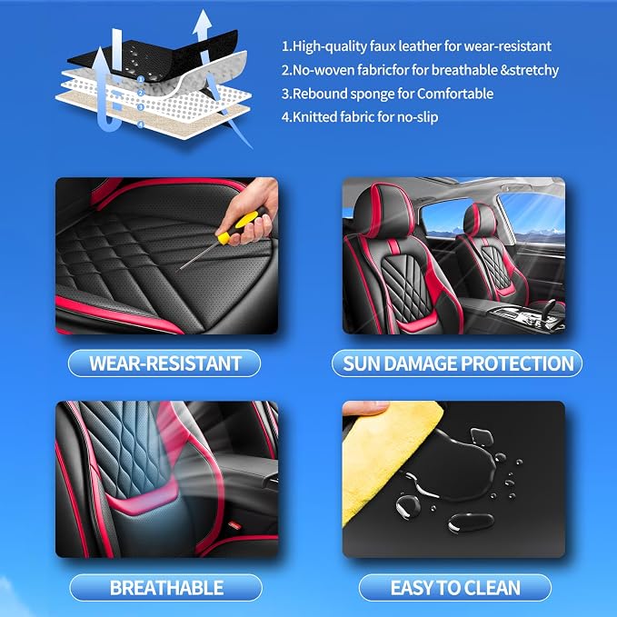 Fit Leaf Car Seat Covers Compatible with Nissan Leaf 2011-2024 2025 2026-Premium Leather,Waterproof,Breathable,Airbag Compatible &All-Weather Seat Cushion Protecto(Full Set,Red)