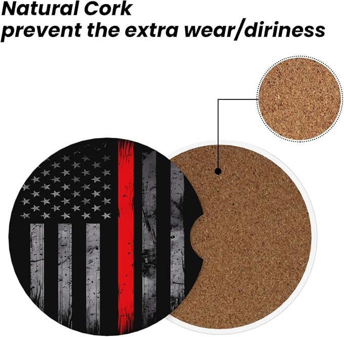 Thin Red Line American Flag Firefighter Absorbent Ceramic Car Coasters 2 Pack Insert Cupholder Coaster Car Cup Holder Mat with Finger Notch Anti-Slip Cork Base Reusable Drink Coasters 2.56 in