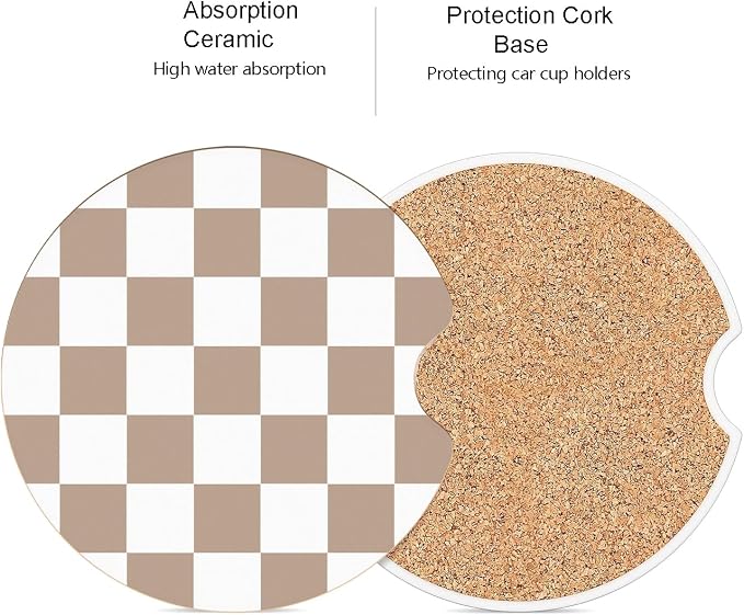 Ceramic Car Coasters – Absorbent Car Cup Holder Coaster Set for Women, Cute Aesthetic Car Accessories for Girls, 2 Pack (Brown)