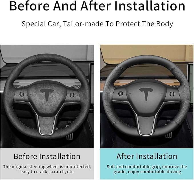 Hand Sewn Steering Wheel Cover,Fit for Tesla Model 3 2017-2023/Model Y 2020-2023,Non-Slip Breathable Microfiber Leather Steering Wheel Cover On Wrap Car Interior Accessories