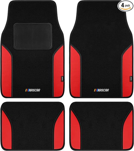 NASCAR Car Floor Mats, Carpet & Red Leather Design Car Mats, Universal-Fit All-Weather Car Floor Mats with Built-in Heel Pad & Anti-Slip Backing, Durable Odorless Automotive Interior Accessories
