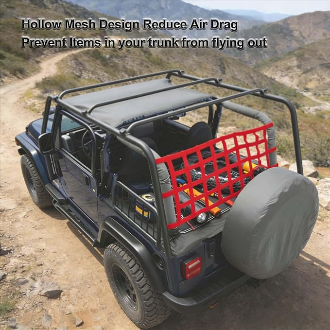 Red for Jeep Hammock & Cargo Net, Compatible for 1987-2024 Jeep Wrangler | YJ TJ JK JL LJ JKU JLU JT & Gladiator JT, High-Visibility Nylon for Jeep Hammock, Car Ceiling Cargo Net Overhead Storage
