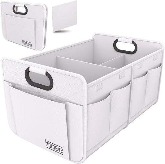 Homeve Car Trunk Organizer for SUV, 18.5Gal Large Capacity No-Sag Heavy Duty, Foldable Waterproof Anti-Slip Storage with 12 Pockets, Fit Sedan, Truck, Universal Car Accessories, White, 2 Compart,Large