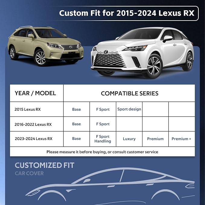 10 Layers SUV Car Cover Custom Fit for Lexus RX350 RX450 RX500(2015-2026) Waterproof All Weather for Automobiles, Outdoor Full Cover Sun UV Rain Protection with Cotton.Black
