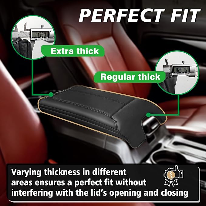 Muslogy Center Console Armrest Cover Fit for Ford F-150 F150 2009-2014 Accessories, Comfort Armrest Pad Console Lid Cushion Vegan Leather 1-Inch Extra Thick(Bucket Seat ONLY)