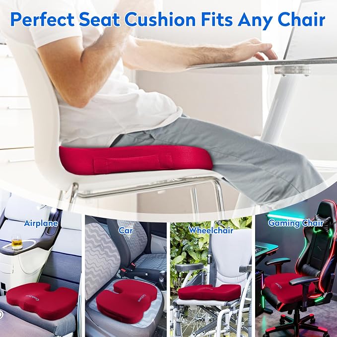 CushZone Seat Cushion, Office Chair Cushions, Car Seat Cushion, Non-Slip Sciatica & Back Coccyx Tailbone Pain Relief Chair Pad, Memory Foam (Red)