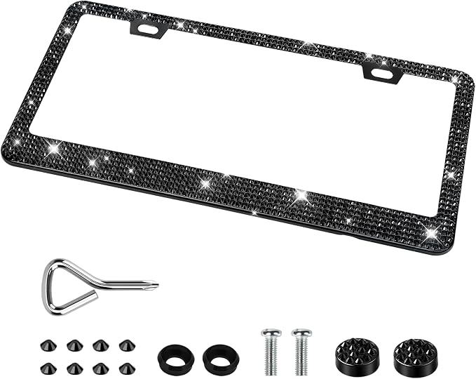 QUANQIUFEI 1 Pack Bling License Plate Frames, Sparkly Rhinestone Diamond Car License Plate Cover for Women, Stainless Steel Car Accessories with Glitter Crystal Caps (1 Pack Black)