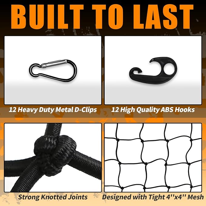 Cargo Net for Pickup Truck Bed SUV, 3' x 4' Stretches to 6' x 8' Heavy Duty Small 4”x4” Latex Cargo Netting with 12 Metal Hooks and 12 ABS Clasps, Car Ceiling Cargo Net for Road Trip