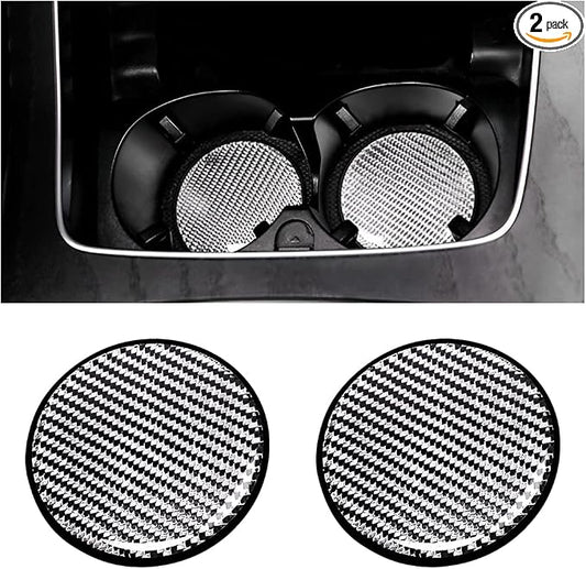 BESULEN Car Cup Holder Coaster, 2 PCS Carbon Fiber Non-Slip Embedded Coasters, Universal 2.75 Inch Cup Holder Insert Coaster Pad, Sports Racing Durable Drink Mat, Car Interior Accessories