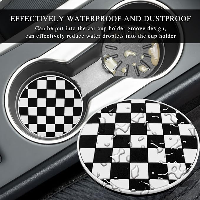 DXNQ 2 PCS Car Cup Coasters, 2.76 Inch Anti-Slip Checkered Vehicle Cup Holder Insert Coasters, Auto White & Black Drink Cup Mats for Front Console Cup Holders, Car Accessories (Checkerboard)