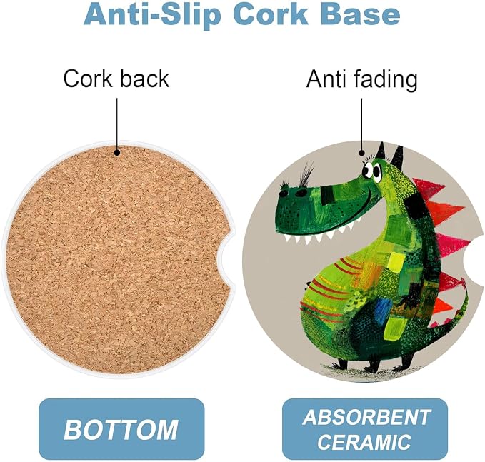 Car Cup Holder Coaster Set of 2, 2.56 in Ceramic Coasters, Scratch-Resistant Cork Backing, Finger Groove Design for Easy Placement, Cute Car Accessories Interior for Women (Green Dinosaur)