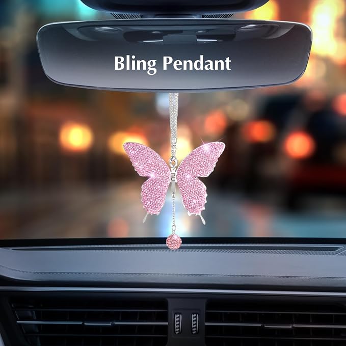 ARTILAURA 11 PCS Bling Car Accessories Set for Women Steering Wheel Covers Butterfly Hanging Seat Belt Cover Air Vent Clips Coasters Cute Glitter Diamond AUTO Accessories Kit (Pink)