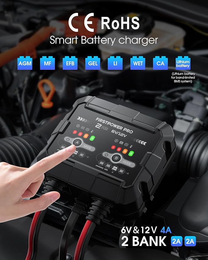 4A 2-Bank Smart Battery Charger (2A/Bank) - 6V/12V Automatic Trickle Charger, Battery Maintainer & Desulfator with Overcharge & Temperature Compensation – for Lead Acid, AGM, Gel, LiFePO4 Batteries