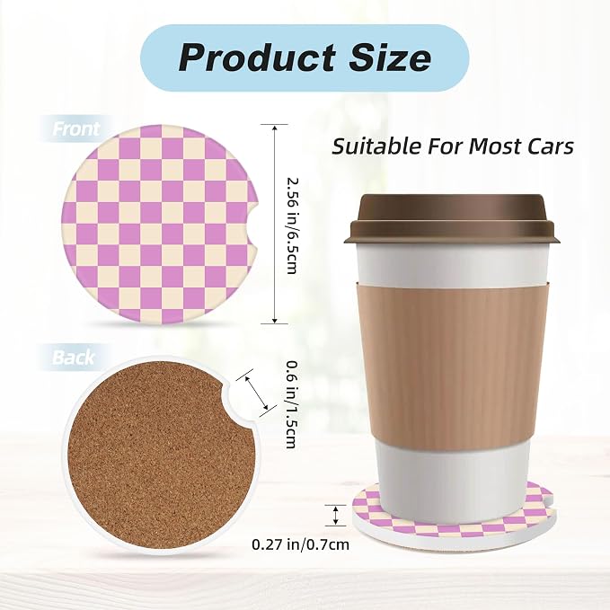 Purple Checkered Car Coasters for Cup Holders,2 Pack Car Cup Holder Coasters for Car,Ceramic Absorbent Car Coaster with A Finger Notch and Cork Base,Car Interior Accessories for Women Men