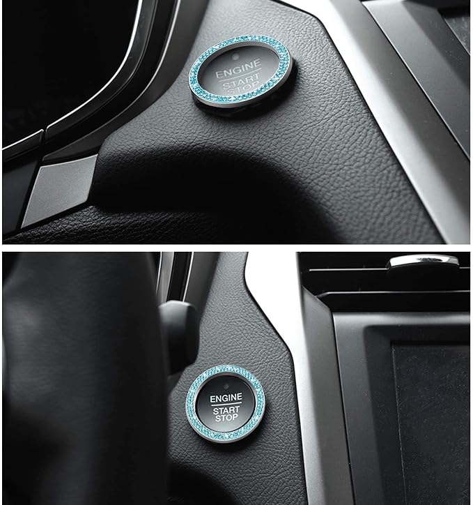 WINKA 2pcs Bling Car Engine Start Button Cover Diamond Crystal Push Start Stop Button Ring Sparkly Bling Ignition Button Cover Rhinestone Keyless Ignition Ring Universal Car Accessories (Blue)