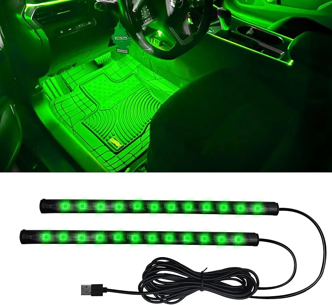 Car LED Strip Light, Car Interior Lights, 12V 24 LED Auto Under Dash Atmosphere Lights with USB Port, Auto Atmosphere Under Dash Lighting Kit for Vehicles (Green, USB)