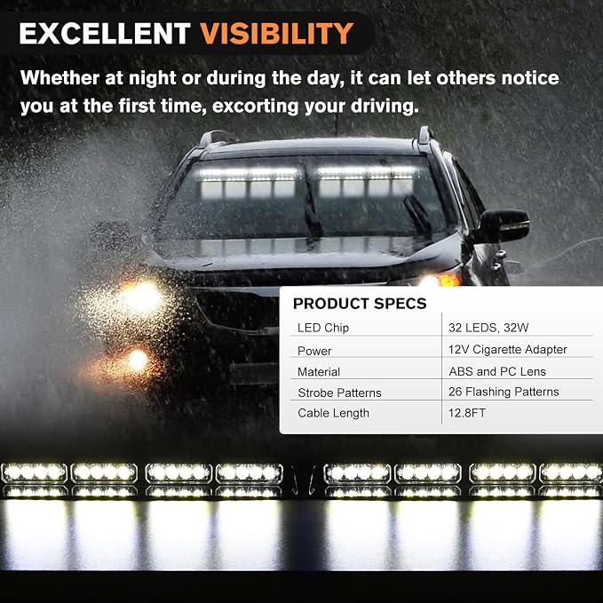 Nilight 32LED White Emergency Dash Strobe Lights with Controller Suction Cups Warning Hazard Interior Front/Rear Windshield Deck Split Light Bar for Trucks Construction Vehicles
