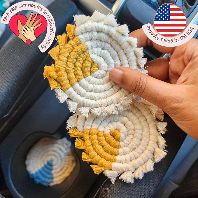 Cotton Car Coasters for Cup Holders, 2PC Car Cup Coasters, Drink Coaster Holder, Cute cupholder Coaster Accessories for Women, Macrame, Boho (Golden Glow)