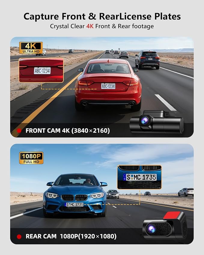 3 Channel Dash Cam Front and Rear, 4K Dash Camera for Cars STARVIS 2 HDR Night Vision, 24H Parking Mode, 64GB Card Included, Dashcam Built-in 5.8GHz WiFi GPS