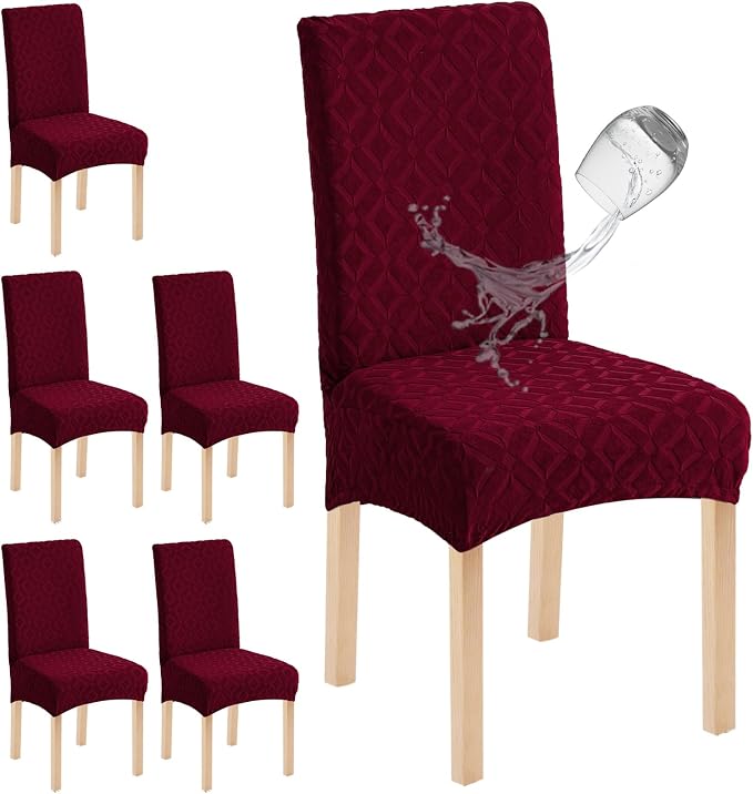 Genina Waterproof Chair Covers for Dining Room Set of 6, Removable Washable Chair Slipcover Protectors, Wine Red